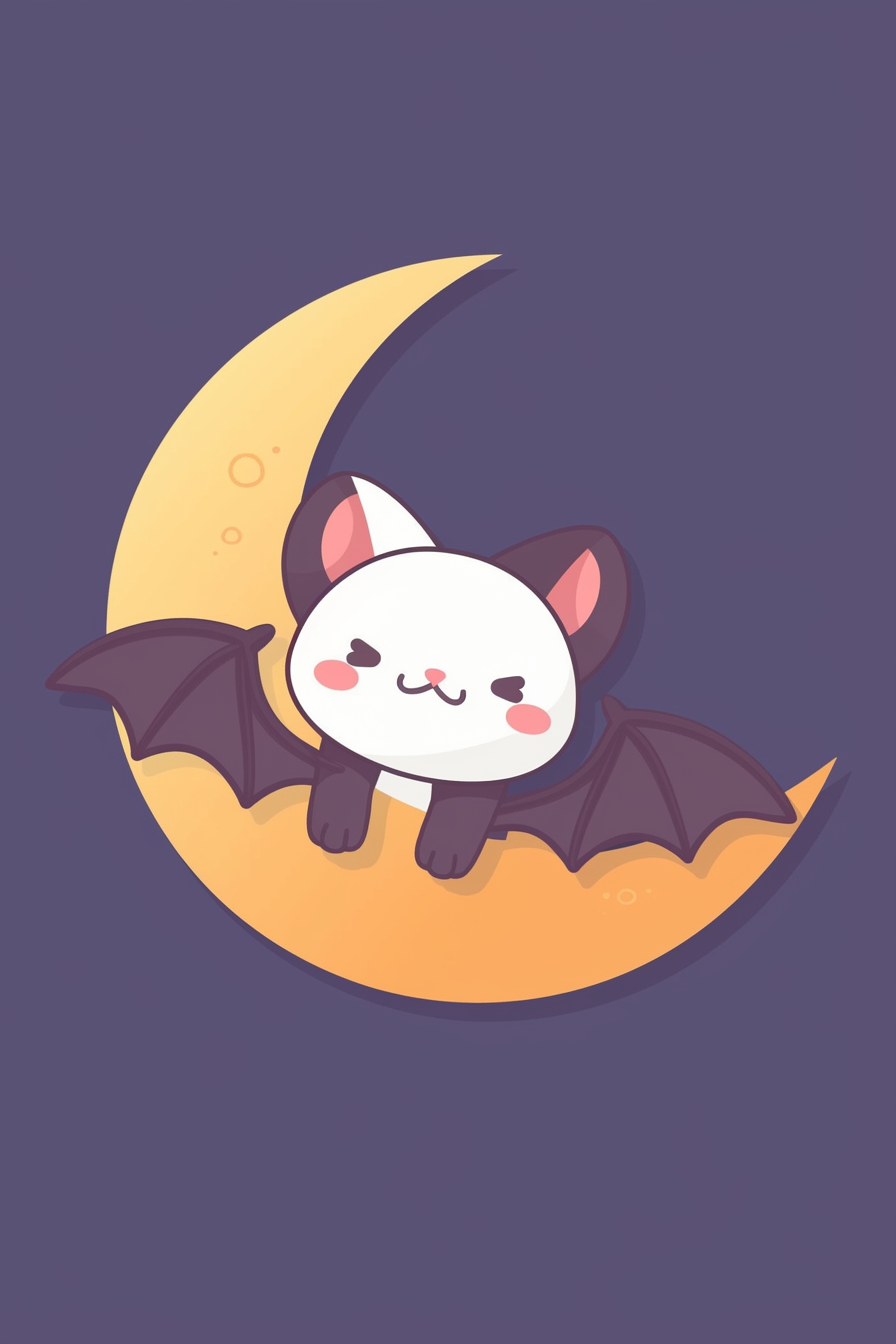 halloween cute animals drawings 2- bat kitten sitting on a crescent mooń against a dark purple background